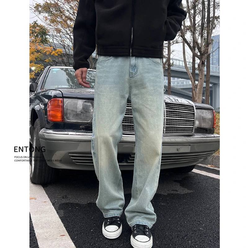Entong秋季美式休闲痞帅复古牛仔裤男款百搭宽松直筒阔腿微喇裤子