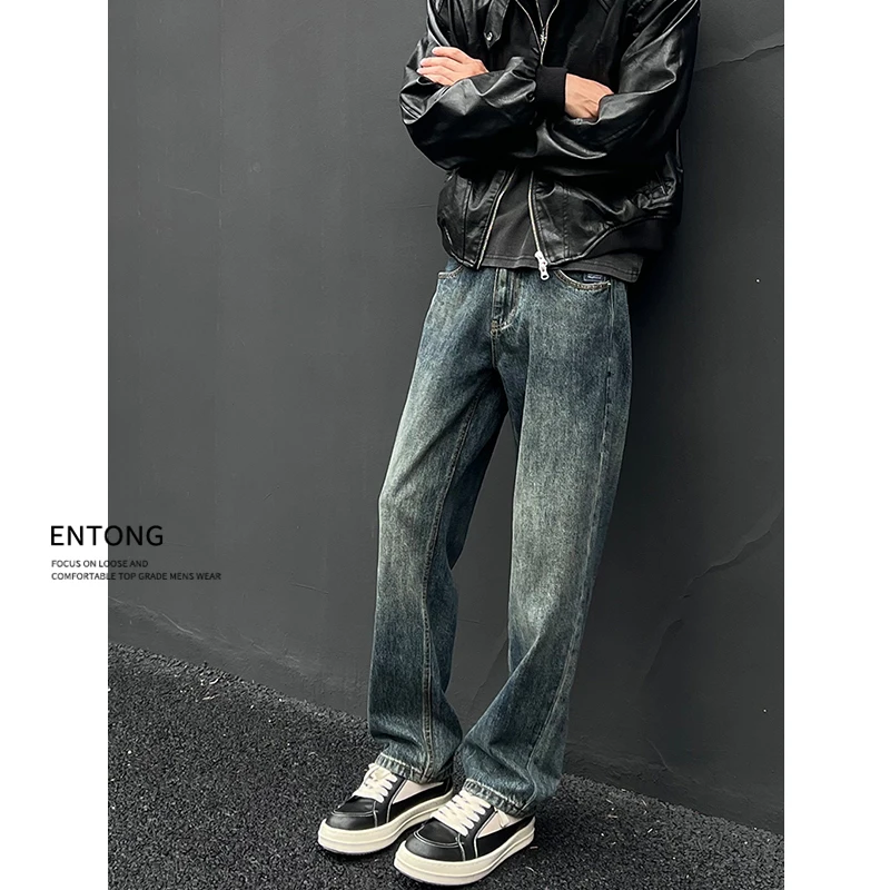 Entong美式潮牌复古蓝水洗牛仔裤男款高街vibe痞帅大码直筒长裤子