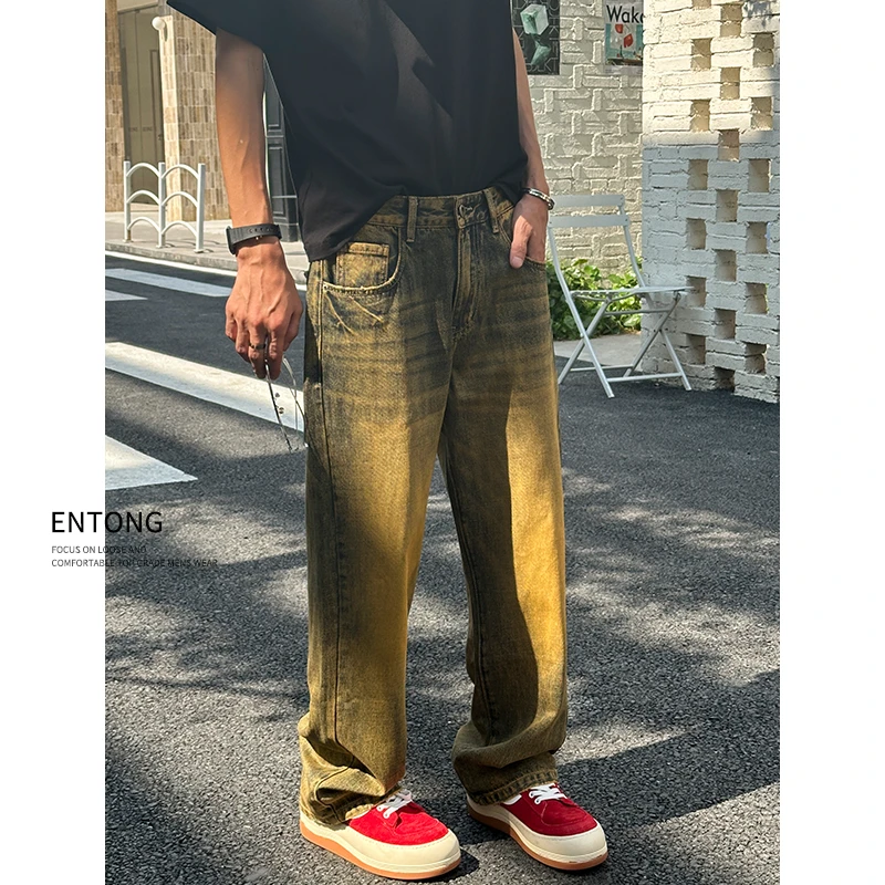 Entong美式复古做旧牛仔裤男款潮牌宽松黄泥染直筒裤水洗阔腿长裤