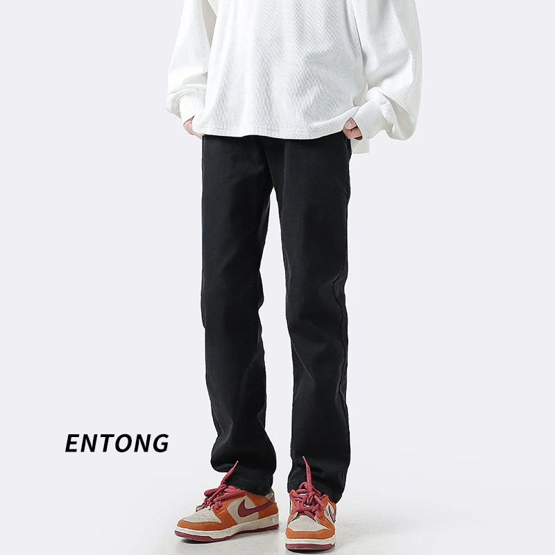 Entong秋季美式vibe裤子男高街黑色牛仔裤男款爆款宽松窄版直筒裤