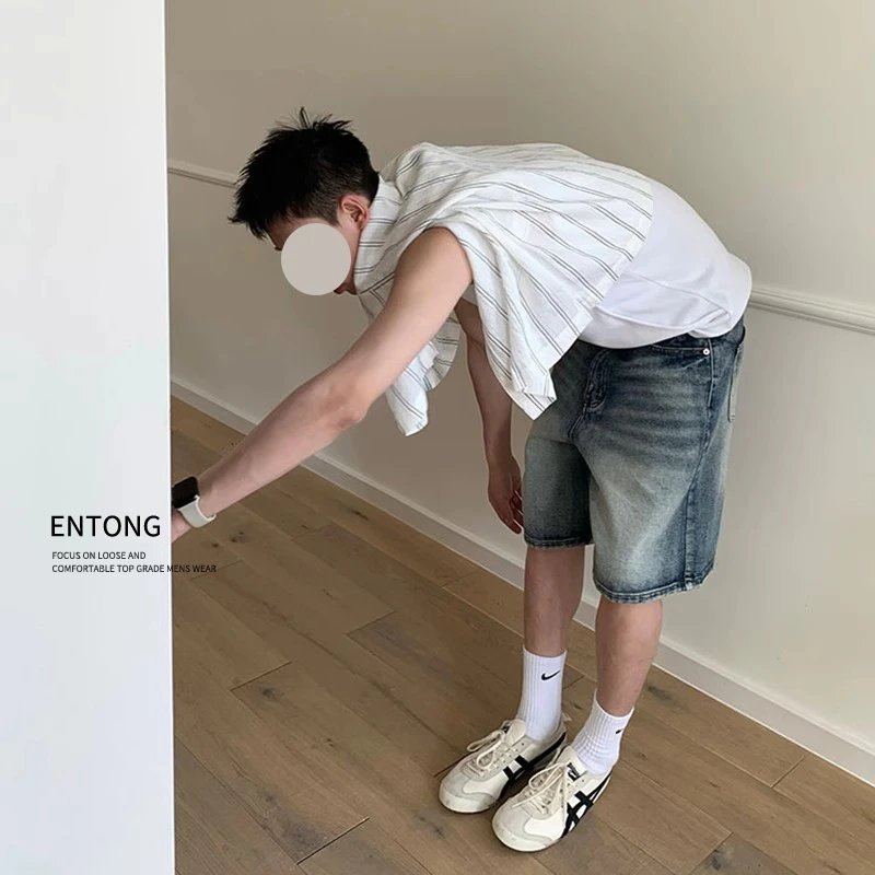 Entong夏季高级感水洗做旧牛仔短裤男复古休闲直筒宽松阔腿五分裤