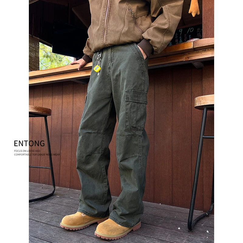 Entong复古大口袋cleanfit拼接褶皱宽松直筒工装休闲裤男痞帅长裤