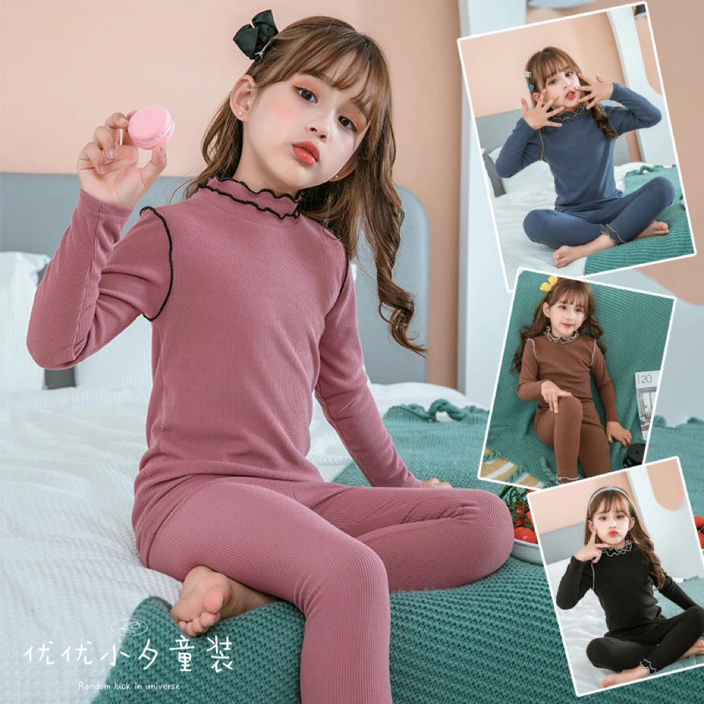 女童内衣套装半高领秋冬款儿童秋衣秋裤女孩木耳边加厚打底棉毛衫