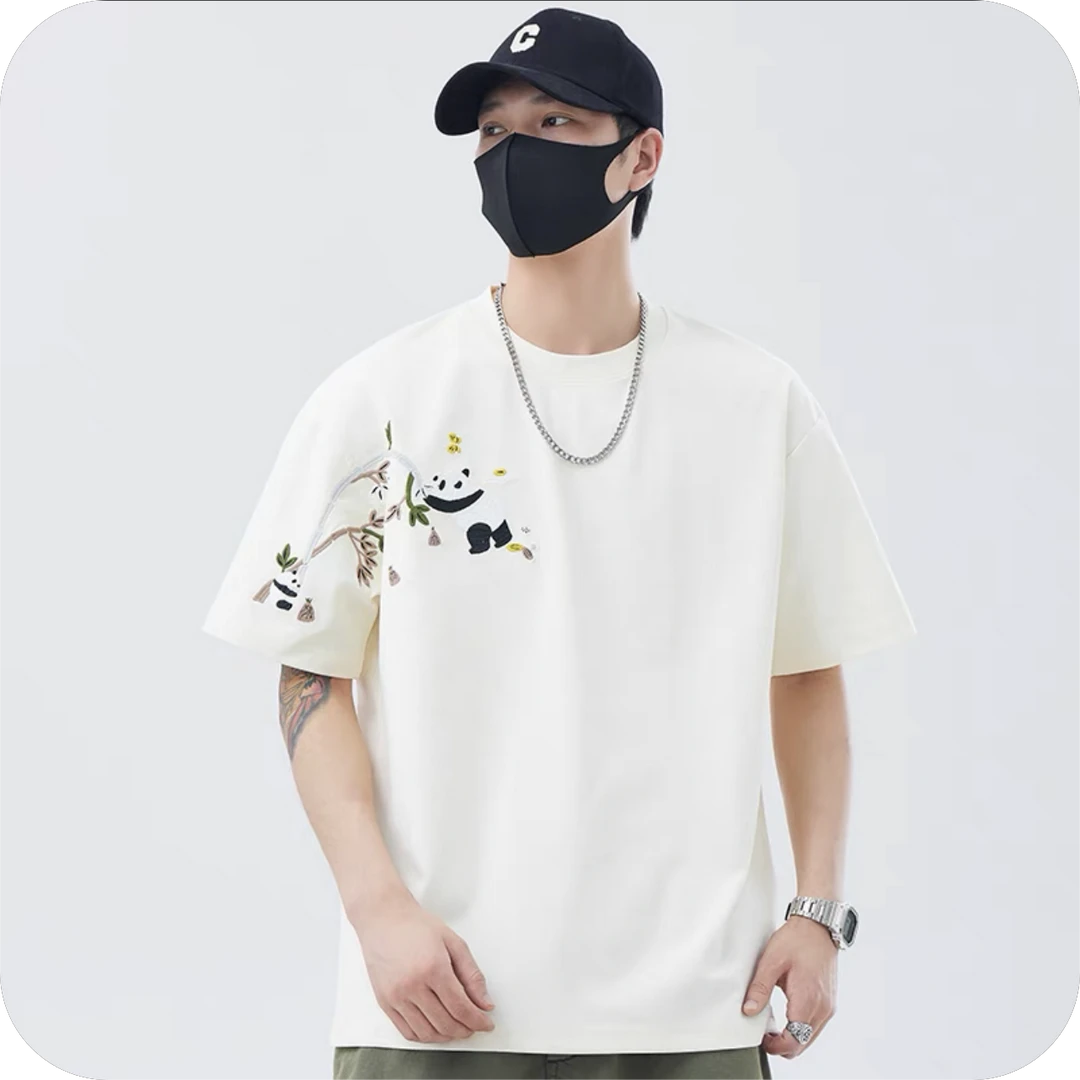 【"嬉戏小熊猫"国潮刺绣短袖】夏季宽松情侣T恤春夏舒适男士男士