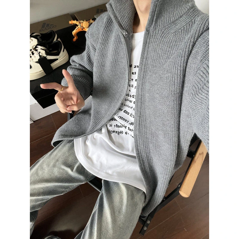 半高领拉链开衫毛衣男款春秋季慵懒风针织衫宽松休闲立领线衣外套