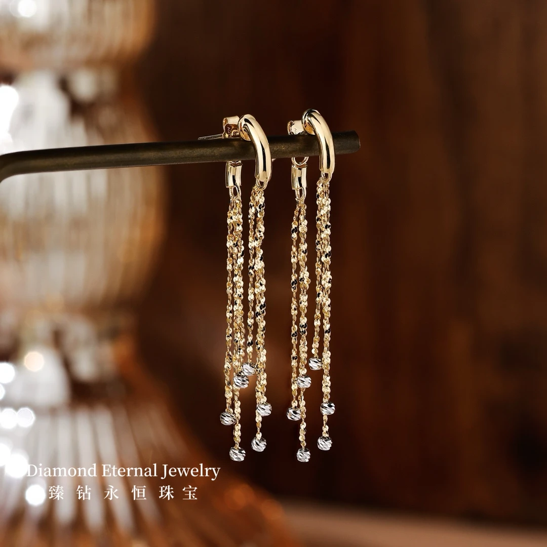 18K金双色星光流苏耳环浅金色时尚百搭气质轻奢简约精致长款小众