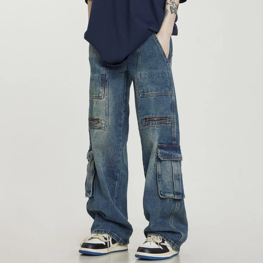 EATHEY 美式复古水洗做旧多口袋工装牛仔裤男女宽松直筒休闲裤潮