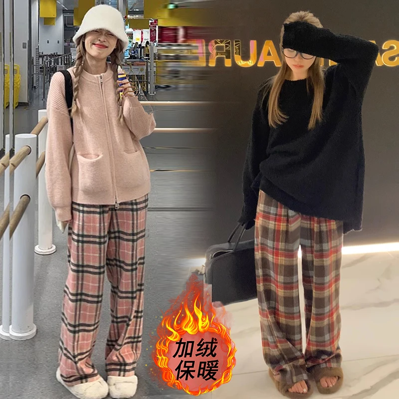 2023年秋冬季孕妇裤减龄百搭毛呢直筒韩版格子撞色休闲裤女阔腿裤