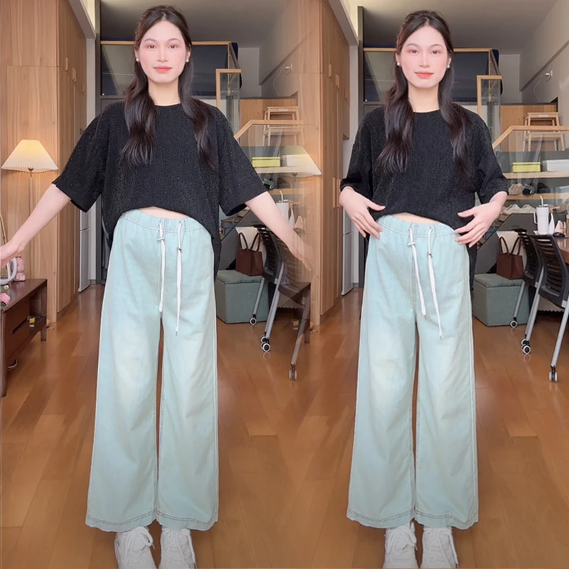 春季薄款无托腹孕妇牛仔裤外穿大码春季直筒阔腿裤百搭复古休闲裤