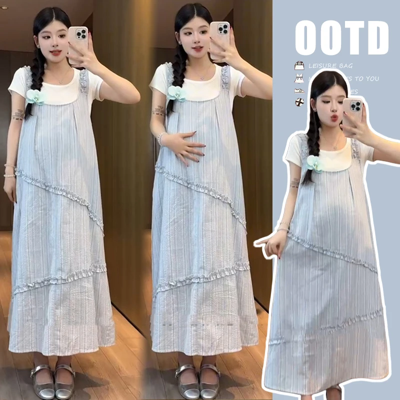 蓝色背带连衣裙子女夏季2024新款梨形宽松显瘦设计感长裙孕妇套装