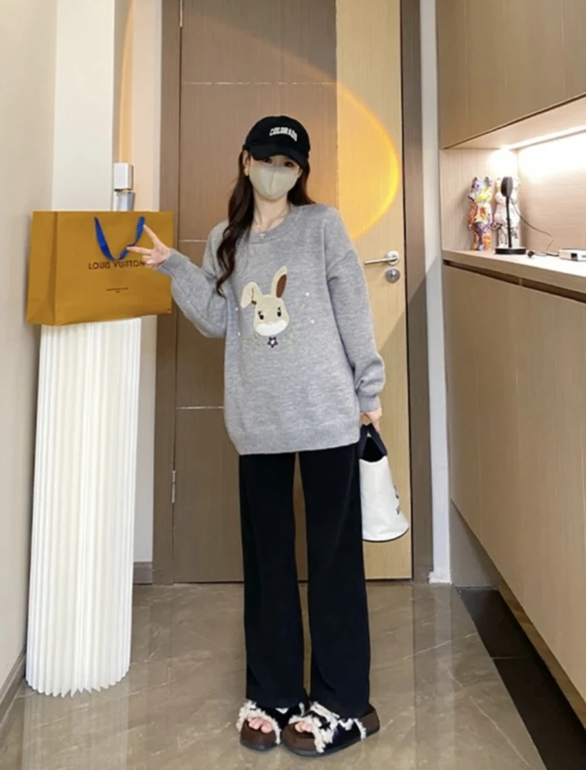 秋冬软糯卡通兔提花刺绣圆领套头时尚针织毛衣孕妈百搭外穿上衣