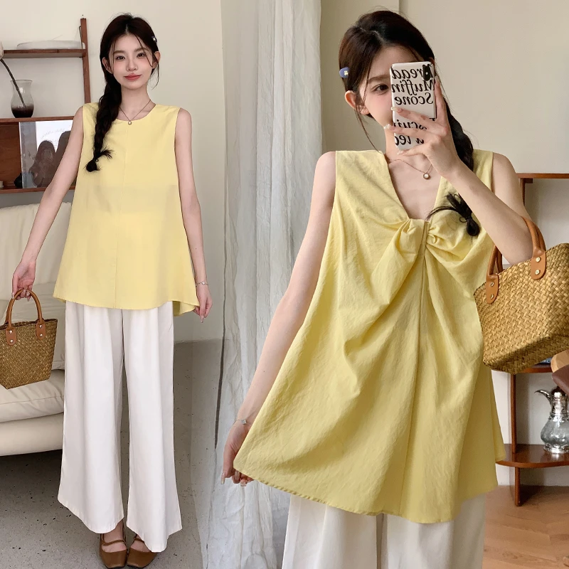 2024夏季孕妇装气质显瘦时尚洋气减龄薄款前后两穿设计感打结上衣