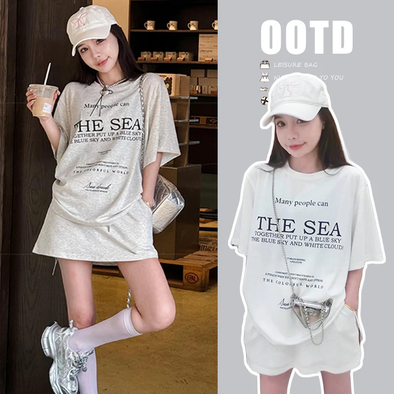 孕妇装2024新款夏装孕妈运动时尚休闲百搭字母T恤+半身裤裙套装女