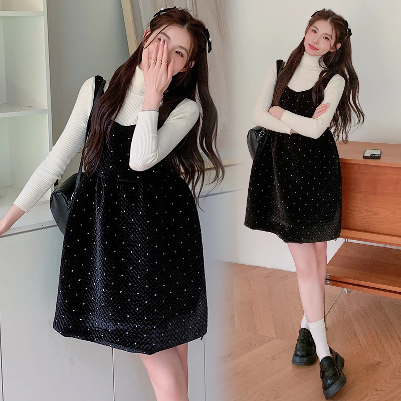 2025秋冬法式小香风闪闪背带丝绒连衣裙打底毛衣套装减龄宽松