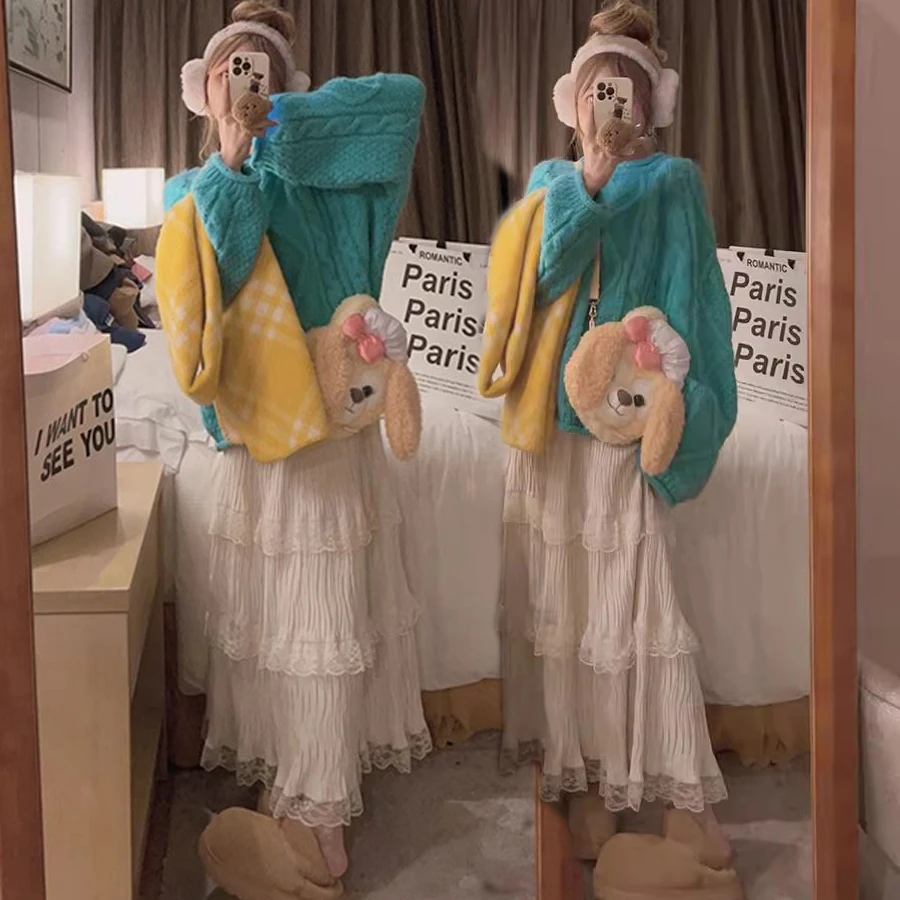 孕妇装湖蓝色复古加厚麻花韩系宽松显瘦毛衣配蕾丝拼接蛋糕裙套装