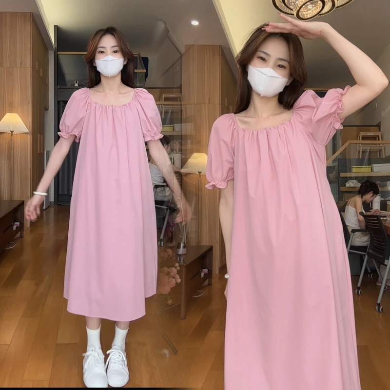 孕妇夏装新款甜美A字裙中长裙短袖圆领包袖粉色连衣裙法式宽松
