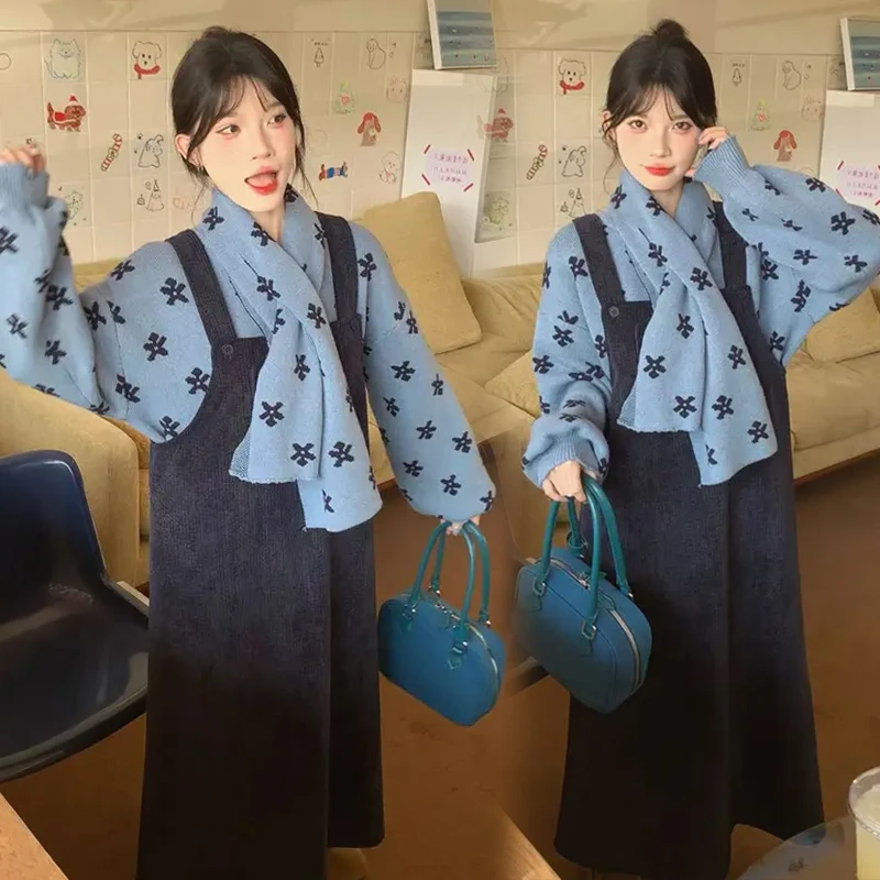 2024秋冬加绒加厚套装韩版时尚宽松加绒背心裙围脖毛衣外穿两件套