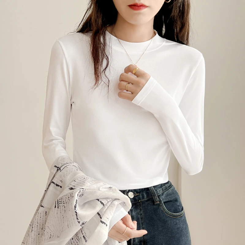 圆领白色打底衫女小立领内搭长袖通勤运动风修身纯棉早春秋装t恤