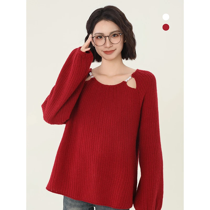 新年圣诞红色针织衫女秋冬季镂空设计感外穿毛衣2023新款高档上衣
