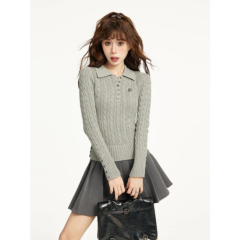 灰色Polo领麻花长袖针织衫女秋冬小个子修身内搭毛衣高档洋气上衣