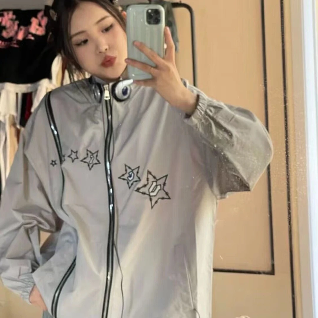 2023春夏美式复古五角星刺绣拉链男女潮牌宽松情侣休闲冲锋衣外套