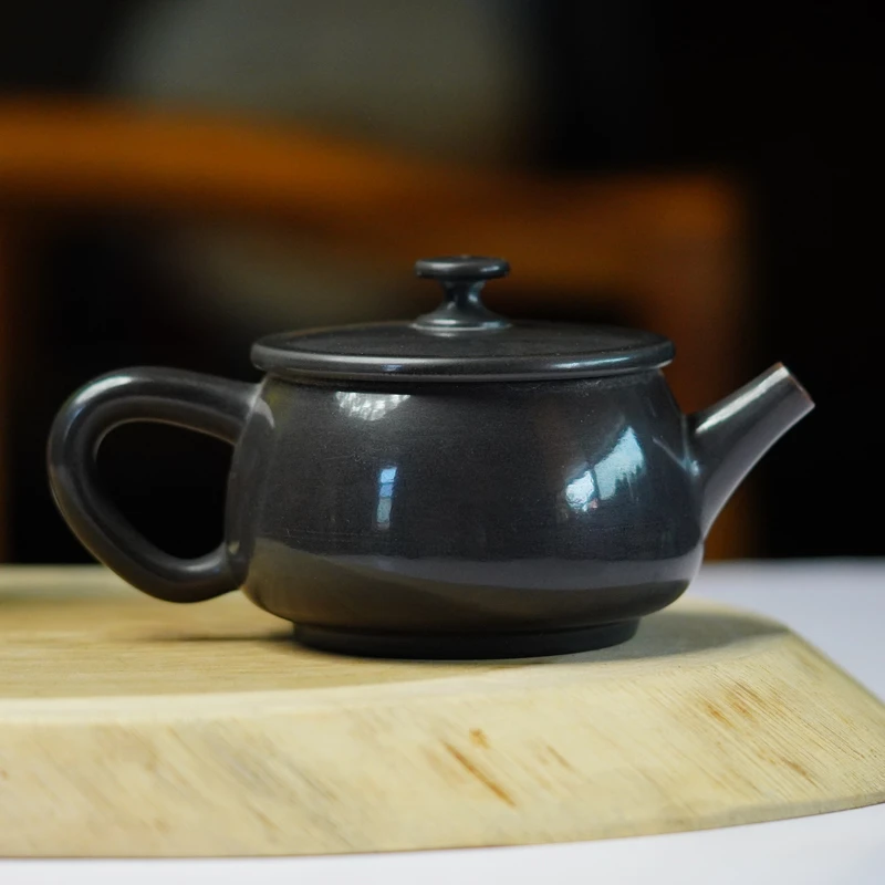 水磨亮光【精品级】黑色汉瓦茶壶约200ml建水紫陶手工茶具