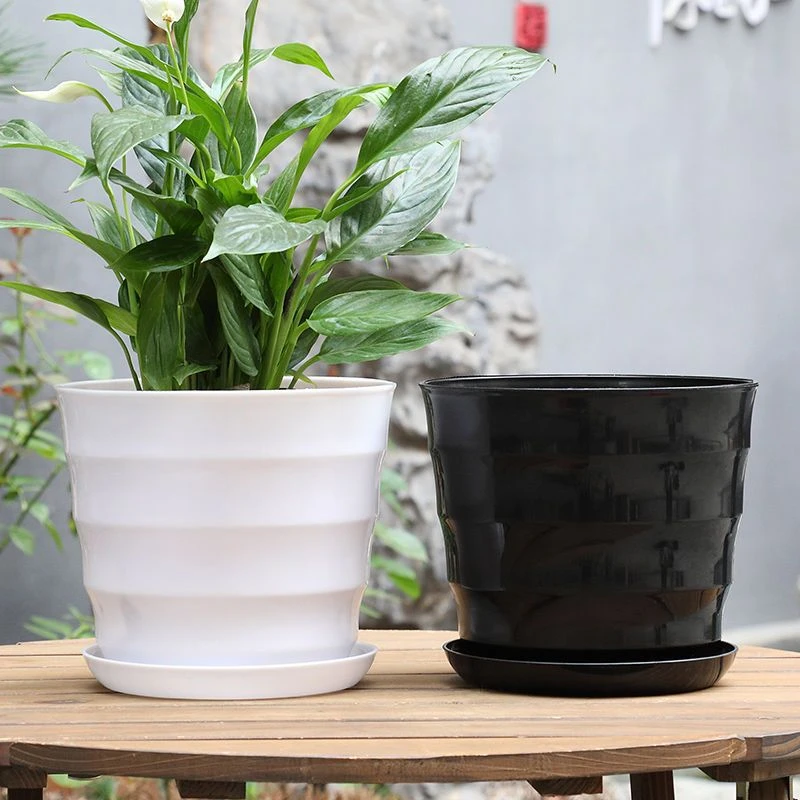 加大螺纹花盆加厚白色黑色仿瓷树脂花盆送托盘盆景植物大型塑料盆