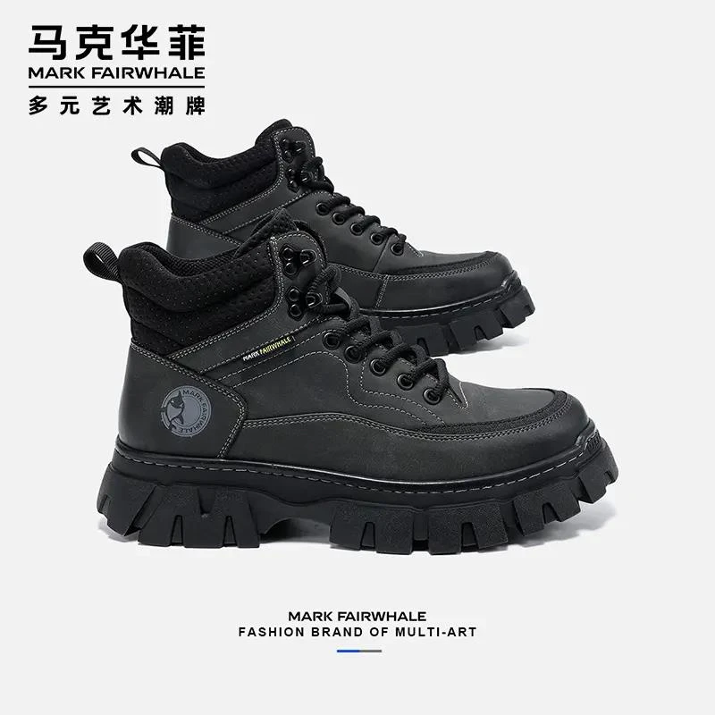 马克华菲百搭增高工装靴男士沙漠靴马丁靴秋冬保暖加绒高帮登山靴