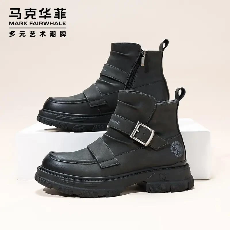马克华菲冬季加绒真皮皮靴男款马丁靴男软底短靴子户外防滑工装鞋