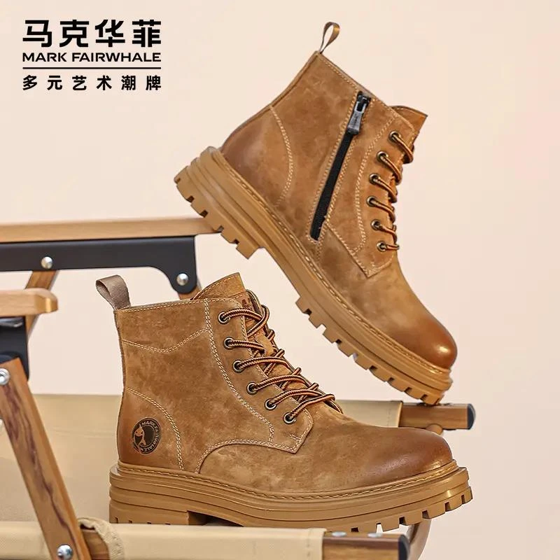 马克华菲冬季真皮复古男士加绒保暖加厚棉鞋马丁靴男款高帮工装靴