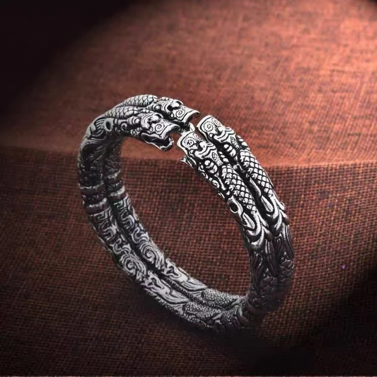 足银手镯 A613足银999.9老九门双响手镯复古手环霸气双龙头手镯