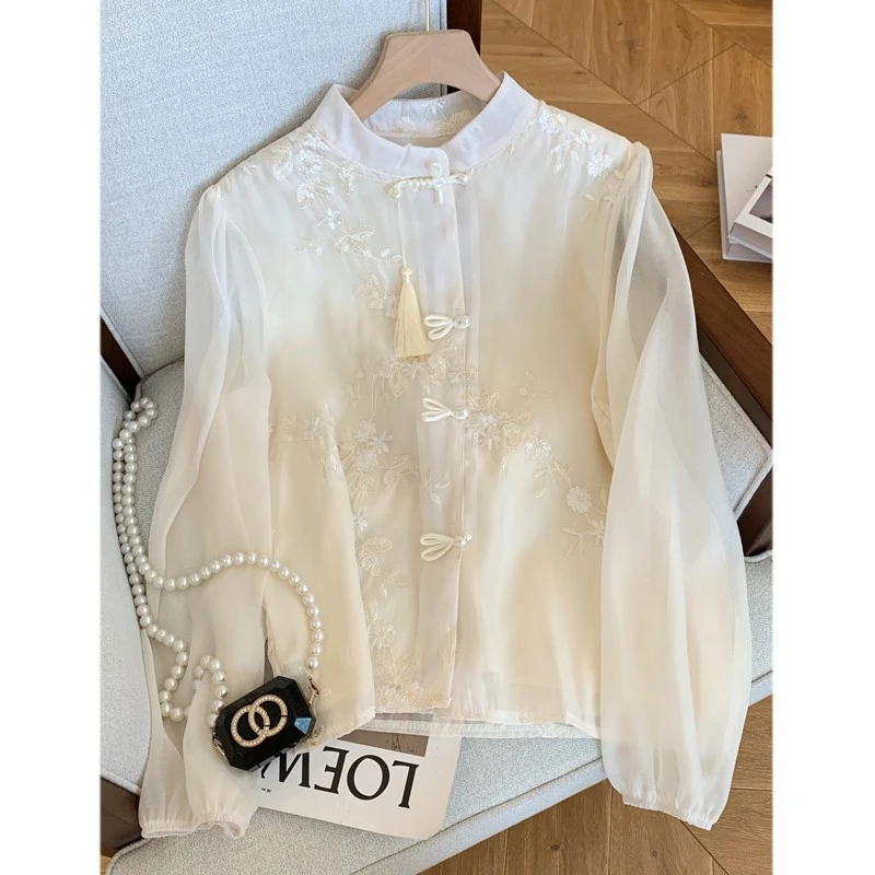 新中式流苏盘扣立领雪纺衬衫女春装新款提花刺绣小衫马面裙上衣服