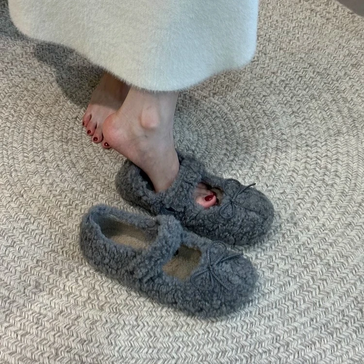 毛毛鞋女秋冬外穿2024新款仙女圆头单鞋蝴蝶结百搭加绒保暖棉瓢鞋