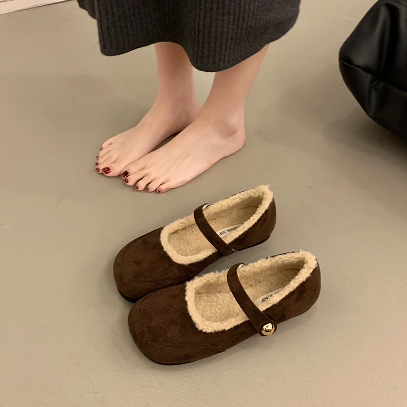 晚晚风复古棕色厚底加绒玛丽珍鞋秋冬丑萌毛毛鞋绒面保暖豆豆棉鞋