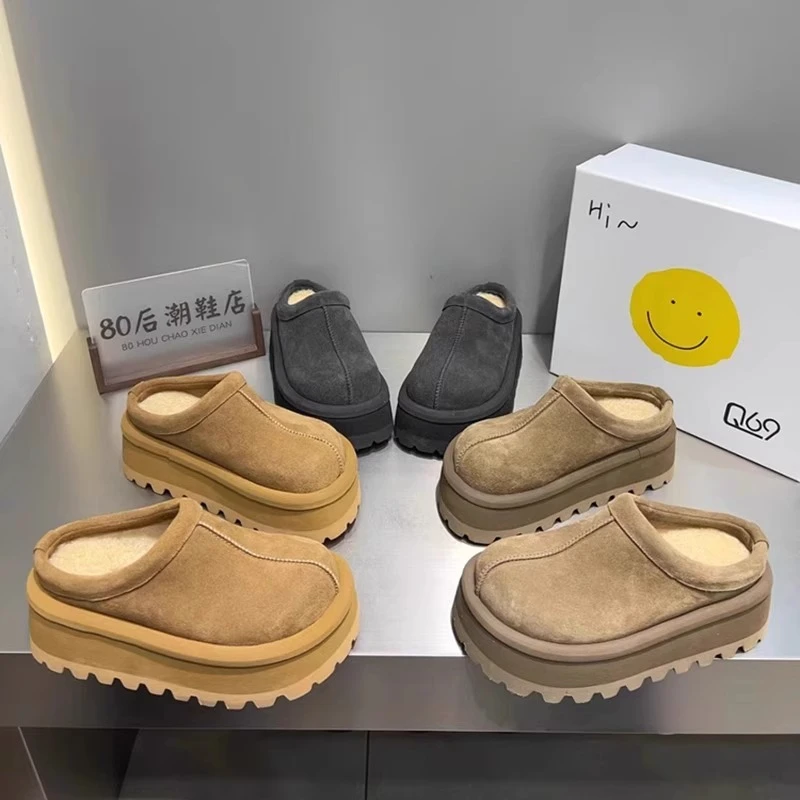 雪地棉松糕博肯鞋包头拖鞋羊羔毛毛鞋厚底懒人半拖鞋丑萌面包鞋翠