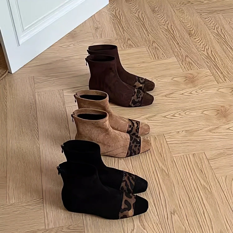 内增高绒面拼色方头短靴女靴2024秋冬新款小香风后拉链瘦瘦时装靴