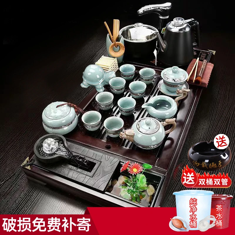 实木茶盘中式复古流水茶台多人功夫茶具套装一体防烫全自动烧水壶