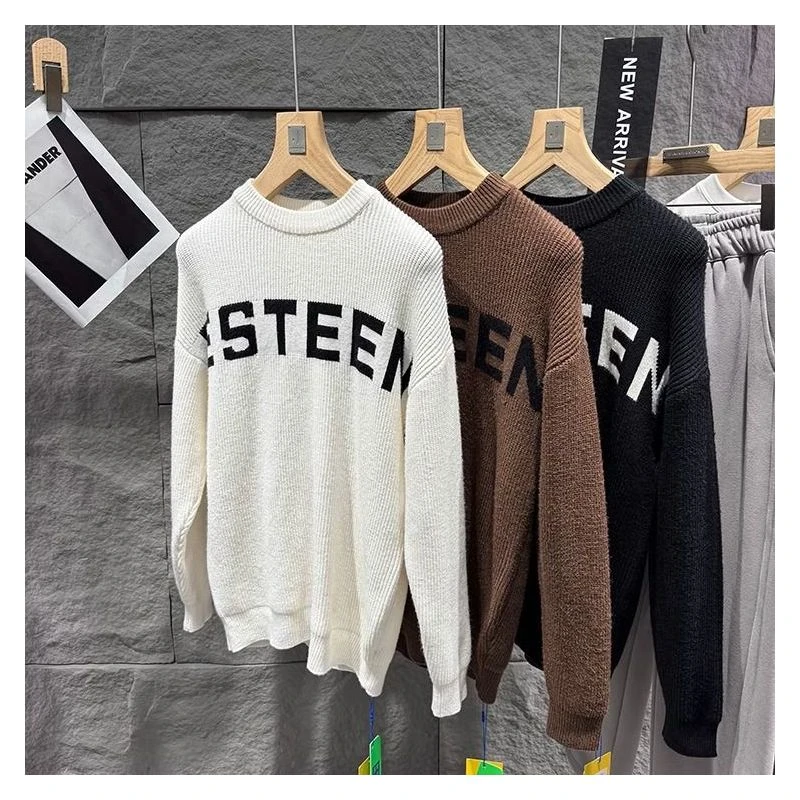 7201 # 粗针厚实字母提花男士圆领套头毛衣