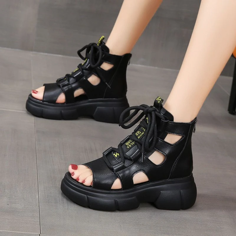 复古镂空罗马凉鞋女2023夏季新款百搭松糕底厚底鱼嘴高帮系带凉靴