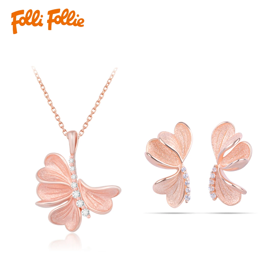 follifollie 坠链均925银锆石 【门店同款】轻奢蝴蝶项链耳饰套装