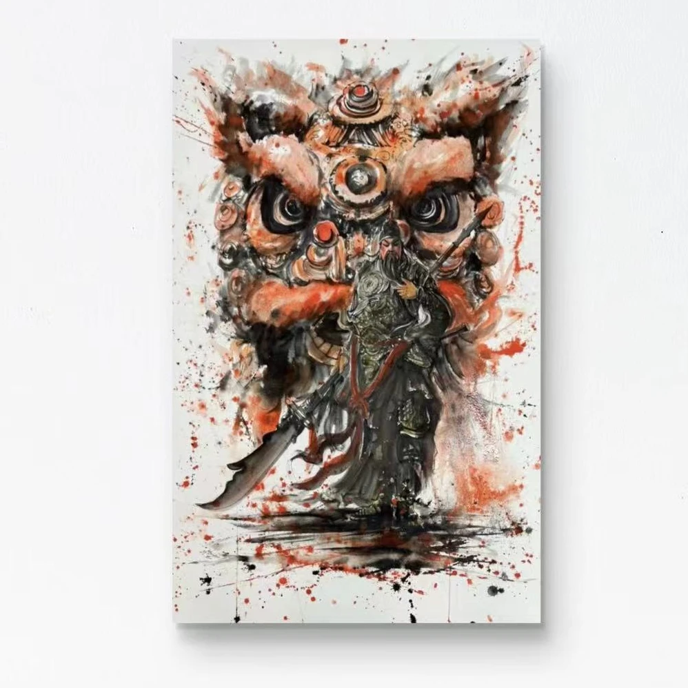 画江湖水墨朱砂国风作品《关羽醒狮》带装裱尺寸1.2×0.8米