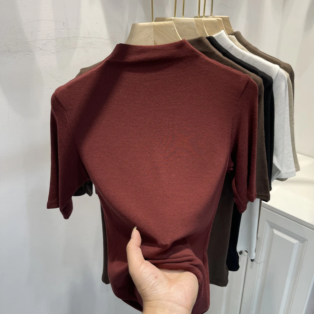 半高领修身显瘦五分中袖T恤女2024早秋装新款时尚内搭打底衫上衣
