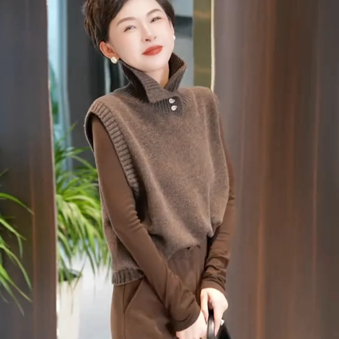 2024秋冬新款慵懒型高领马甲女宽松套头无袖针织毛衣
