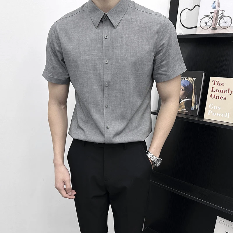 韩系夏季休闲修身衬衫男短袖韩版潮流帅气寸衣英伦纯色衬衣