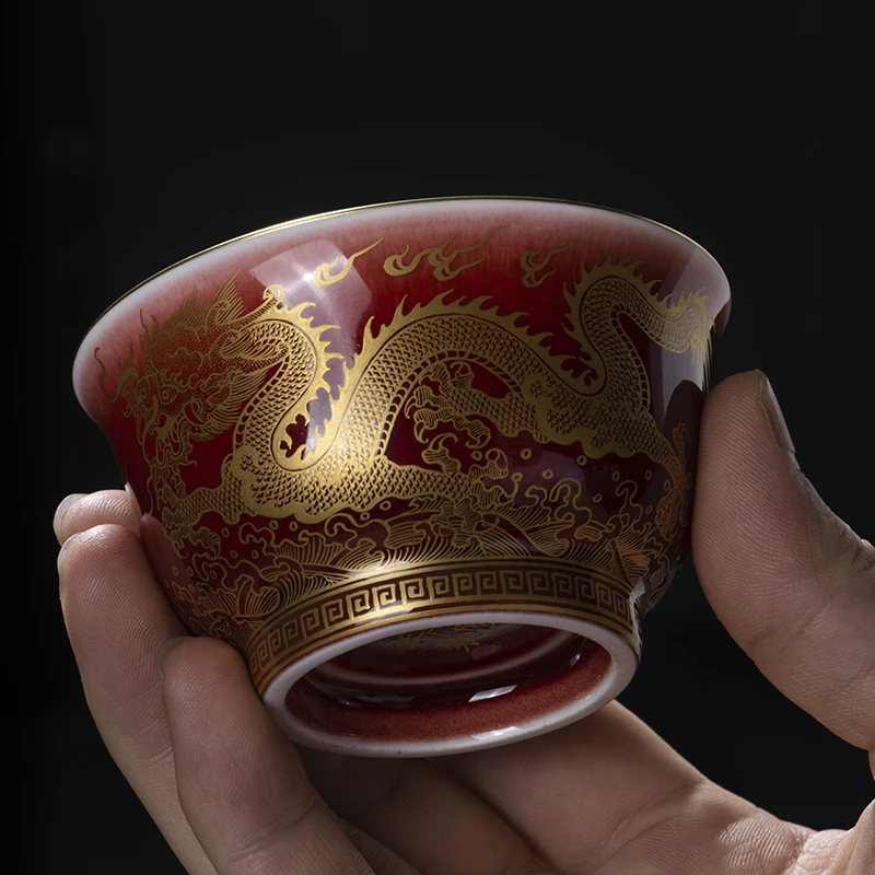 纯手工景德镇陶瓷描金双龙戏珠郎红主人杯茶杯精品收藏瓷器手绘