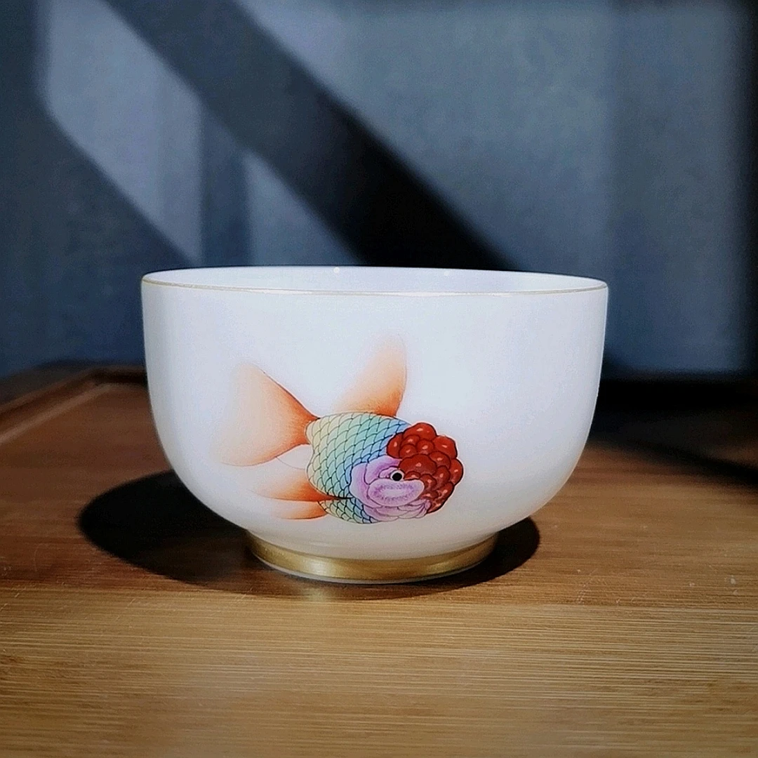 玉泥珐琅彩金鱼鸿运当头对杯120毫升家用主人杯陶瓷茶具高档