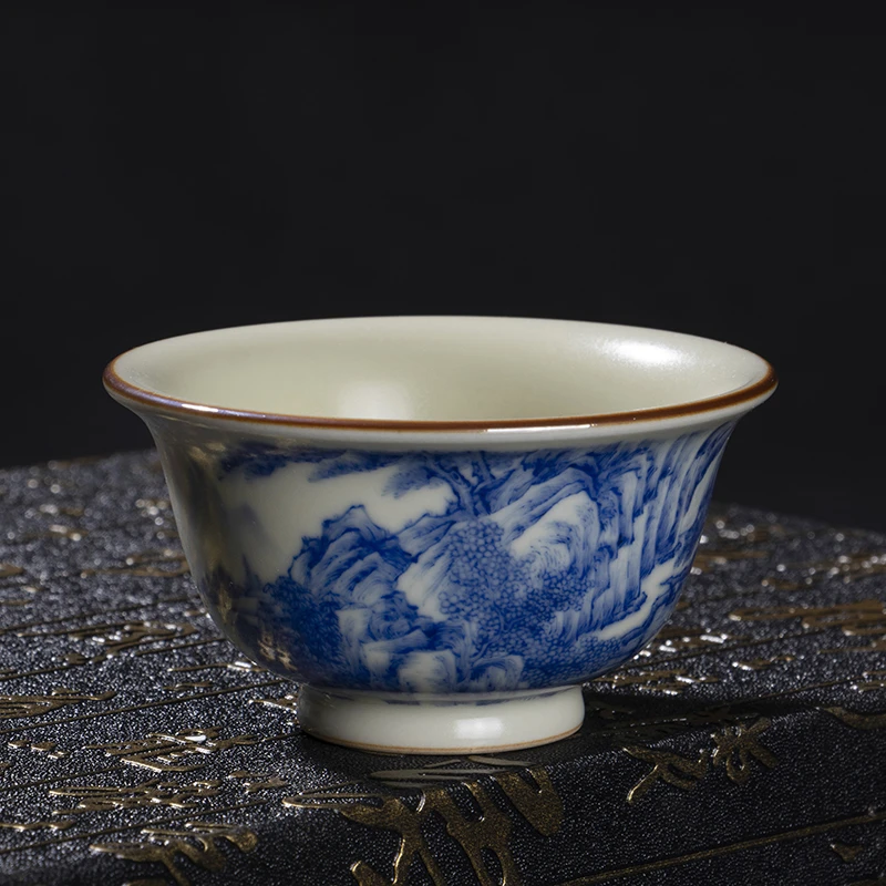 景德镇纯手工高档手绘青花山水陶瓷缠枝汝釉压手杯主人杯品茗杯