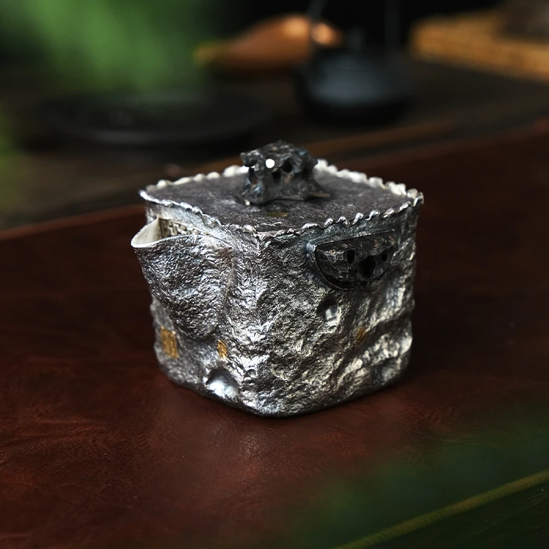 壶尔摩斯《侘寂方升》银壶方壶足银999手工中式创意复古手抓壶茶具