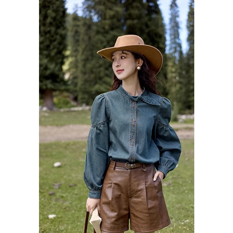 法式复古牛仔衬衫女长袖2025春秋泡泡袖立领显瘦小众洋气百搭衬衣