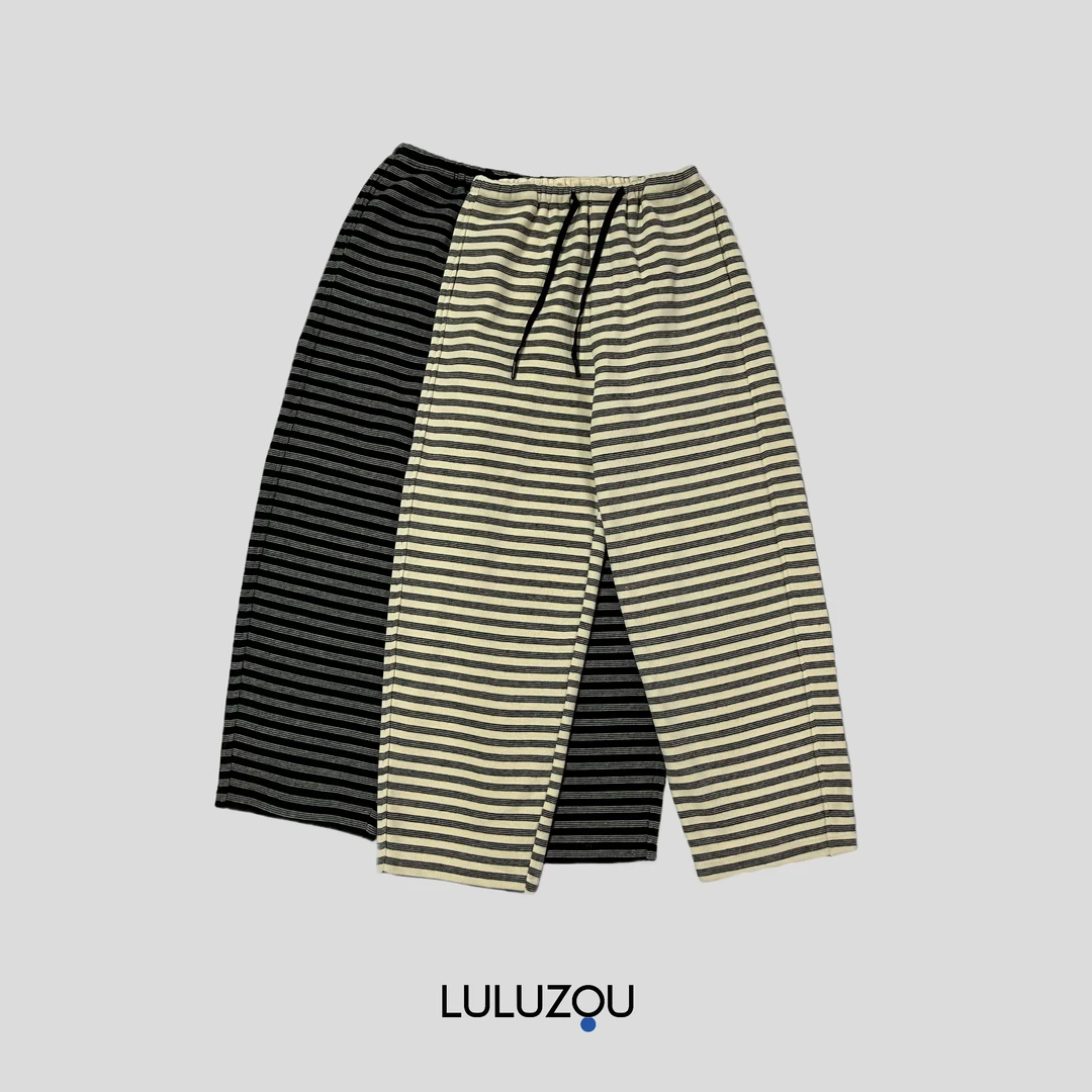 luluzou经典抽绳松紧条纹裤宽松绒感阔腿裤显瘦休闲8880